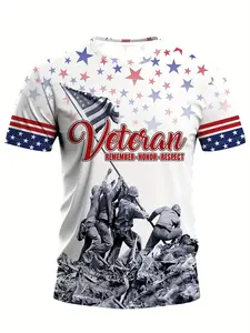 Summer Men's Short Sleeve T-Shirt, 3D Full Print American Veteran Iwo Jima Patriotic Star Pattern, Sporty Loose-Fit, All Seasons
