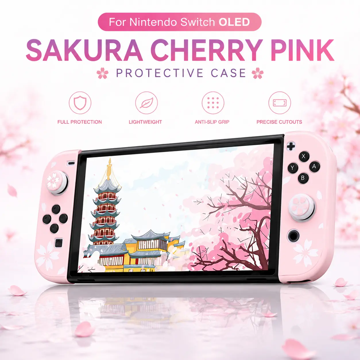 Nintendo Switch OLED Sakura Cherry Pink Protective Case - Dockable Slim Anti-Scratch Hard Shell for 2021 Switch OLED