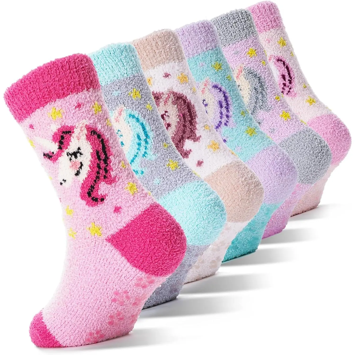 F-SOK21  Girls Kids Toddler Fuzzy Socks with Grips Non Slip Slipper Socks Crew Cabin Cozy Fluffy Warm Winter Socks 6 Pairs