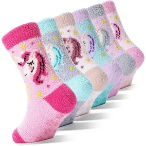 F-SOK21  Girls Kids Toddler Fuzzy Socks with Grips Non Slip Slipper Socks Crew Cabin Cozy Fluffy Warm Winter Socks 6 Pairs