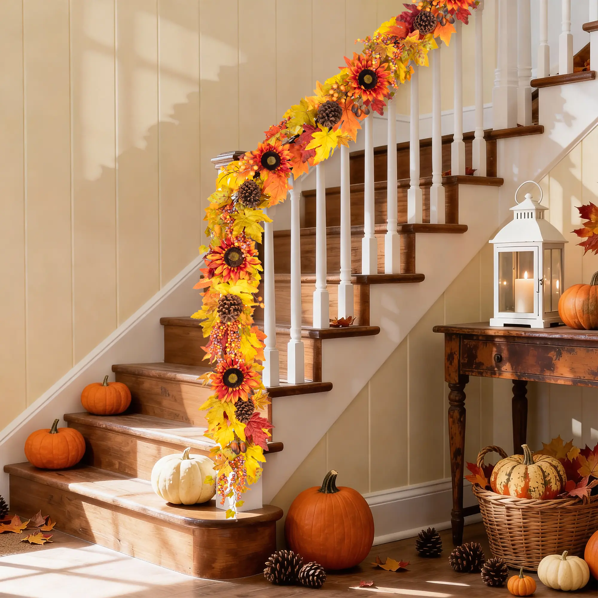 Glitzhome 12ft Hand-Assembled Fall Oversized Sunflower Garland, Harvest Combo House Decor with Ornaments for Flower Arrangement, Cosy Vibe Indoor/Outdoor Accent