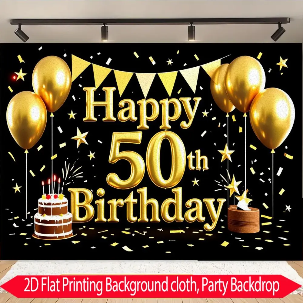 2D Flat 1PC Polyester Black Gold 50th Birthday Backdrop Milestone Celebration Decor for Indoor & Outdoor 50th Birthday Party, Anniversary Gathering, Photo Booth, Wall Decor, Home Decoration, Event Background, Available in Multiple Sizes