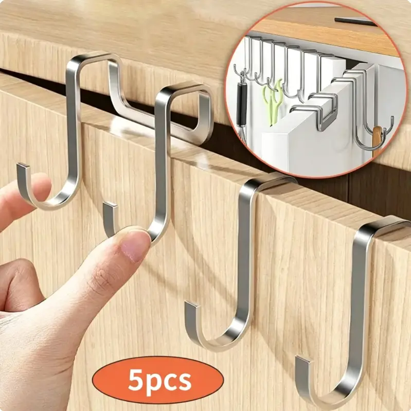 5pcs Stainless Steel Sturdy Universal Double S-Shaped No-Drill Storage Hooks, Home Organizer for Kitchen & Bathroom Cabinet Doors, Easy-Install Hanger for Clothes, Hats, Towels, Keys