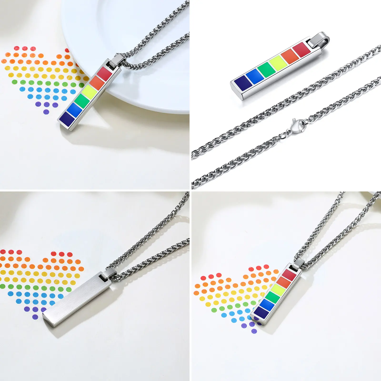 OIDEA Rainbow Rectangle Bar Pendant Stainless Steel Matching Couple Necklace - Pride-Themed Safe Chain Jewelry, LGBTQ Friendship Anniversary Gift for Men, Silver, Matching Couple Necklaces, Pride-Themed Necklaces