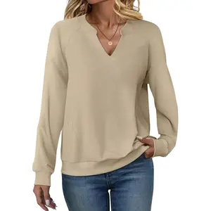 Womens Casual Sweatshirts Long Sleeve V Neck Fleece Pullover Side With Pocket Cute Loose Fit Fall Tops