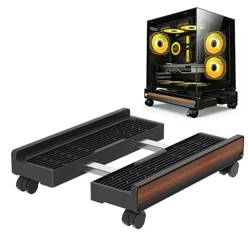 Gaming PC Stand with Wheels - Black & Wood Finish, Computer Accessory for PC Organization & Aesthetic Enhancement