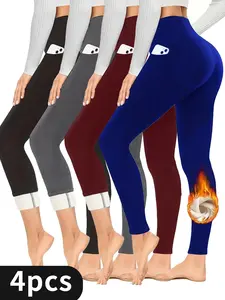 4PCS Elegant Stretchy Thermal Yoga Leggings High Waist Fleece Lined with Pockets Warm Durable Versatile for All Seasons Athletic Running Pants