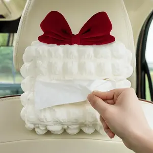 1/2pcsPuff Grid Flower Car Tissue Box Bow Soft Car Hanging Napkin Holder Hanging Type Reusable Paper Organizer Storage Bag