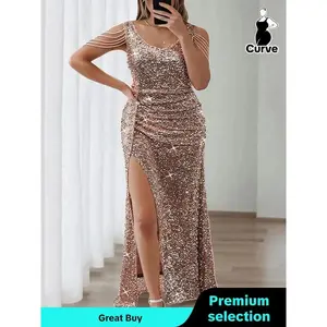 Plus Size | Women’s sequined chain slit evening gown, elegant black evening gown with a low round neckline and no zipper, elegant formal wear, women’s clothing for all seasons, ball gown