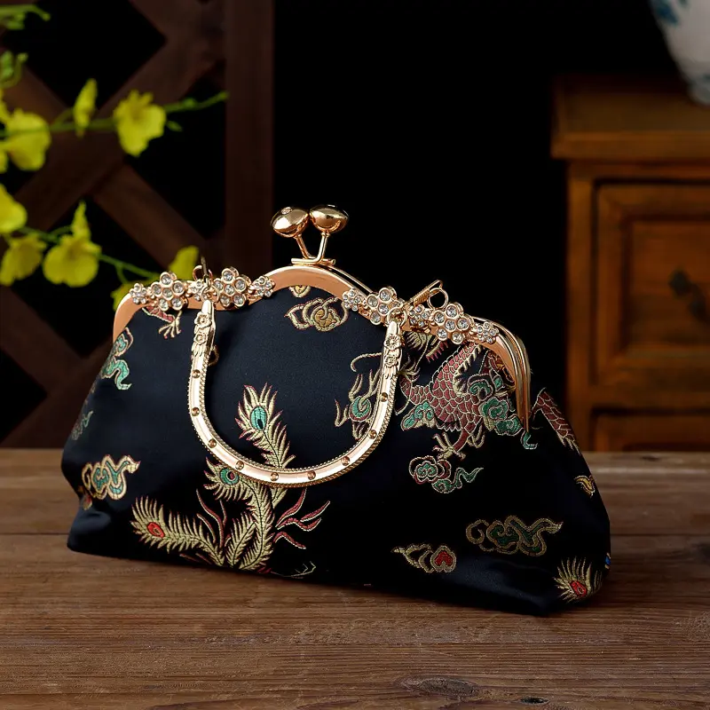 Retro Chinese Style Color Block Embroidered Rhinestone Evening Bag Single Shoulder Crossbody Dress Bag Ancient Hanfu Cheongsam Bag Women's Handbag Crossbody Purse