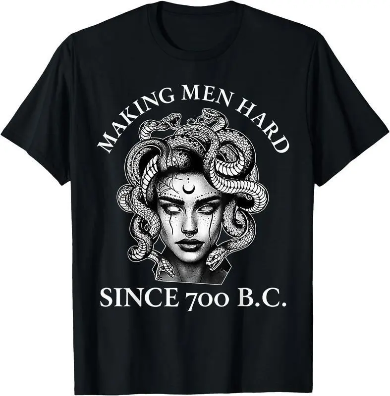 Men's Cotton Moisture-Wicking Short-Sleeve Crew Neck T-Shirt - Funny Feminist Medusa "Making Men Hard Since 700 B.C" Graphic, Casual Streetwear, Menswear Tops, Clothes Products, Boho Clothes Undershirt
