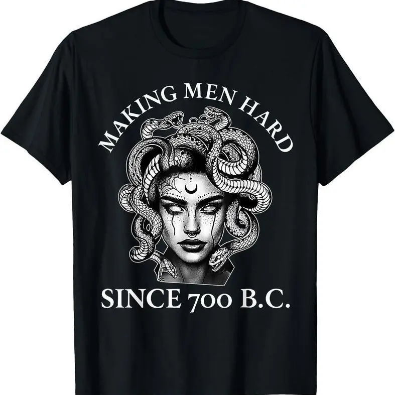 Men's Cotton Blend Moisture-Wicking Round Neck Short-Sleeve Fitted Graphic Tee - Chic Boho Preppy Retro Feminist Medusa "Making Men Hard Since 700 B.C" Print, New Year Party Casual Streetwear Undershirt