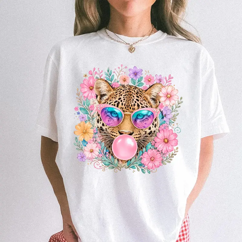 Leopard Bubblegum Shirt, Cute Big Cat Graphic Tee, Floral Animal Print Shirt, Trendy Safari Gift, Preppy Wildcat T Shirt for Women