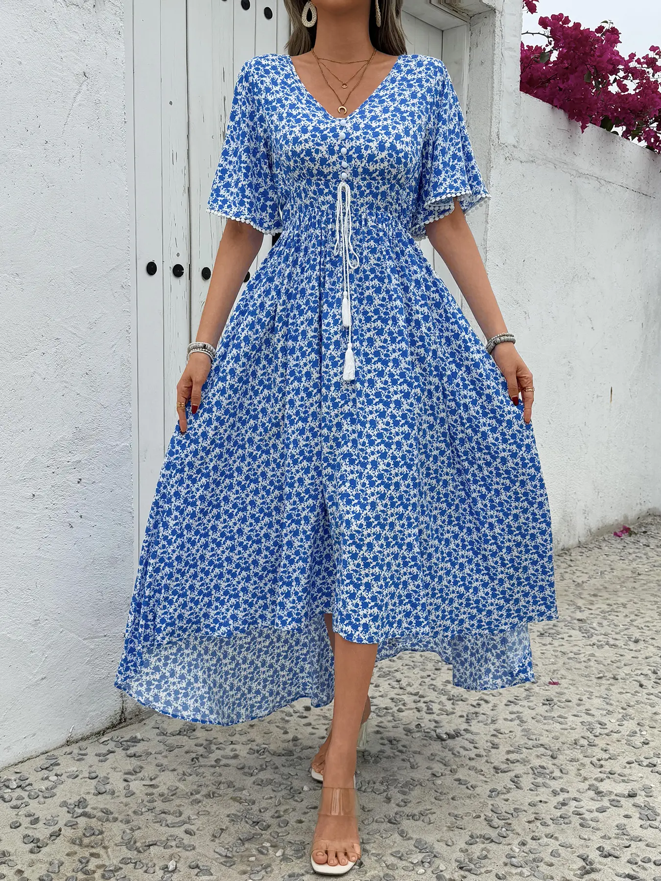 ZAFUL Women's Elegant Floral Print Polyester Deep V Neck Short Sleeve Casual Dress with a Drawstring Waist and Irregular Hem, Casual Wear, Girl, Going Out, Holiday, Knit, Party, Short Sleeves, Colorful Floral Casual Dresses
