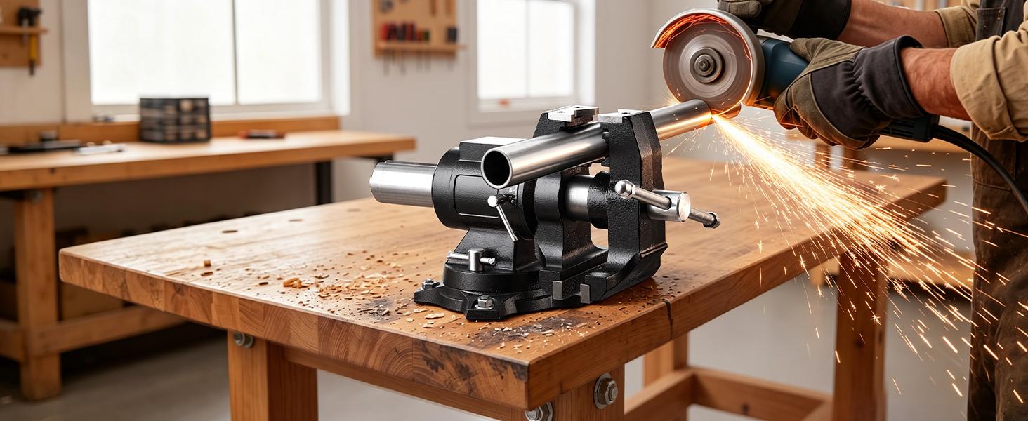 VEVOR Heavy Duty Multipurpose Ductile Iron Vise, Hardware Repair Tool with 5.5" Jaw Width, 5" Max Jaw Opening, 2.76" Throat Depth, 3.11"x2.56" Anvil, Lead Screw, 360° Swiveling Base & Locking Head, for Drilling, Pipe Cutting
