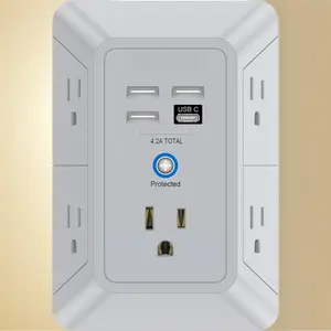 Multi Plug Wall Outlet Extender with 5 AC Outlets and 4 USB Ports Including USB C Fast Charger 1680J Surge Protector for Home Office Travel White