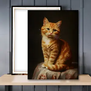 1pc Wooden Framed, Cute Orange Tabby Cat Print Poster, Vintage Cat Portrait Wall Art Canvas Painting, Farmhouse Cottagecore Wall Decor, Cat Lover Gift, Home Decor Ideas