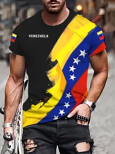 Venezuela Ethnic Cultural Geometric Theme Print Men's Round Neck Short Sleeve T-Shirt, Streetwear, Casual Summer Top, Daily Wear & Vacation Spot, Sporty Fitted Long H-Type