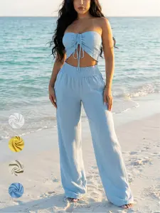 Women's Sexy Bandage Halter Neck Crop Top & High Waist Pants Set, Womenswear Summer Beach Sets Lightweight Fabric Casual Fitted Two-Piece, Perfect Vacation Wardrobe Essential Clothes