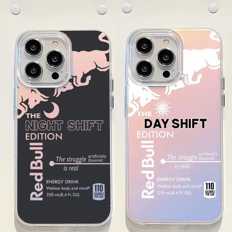 Funny Red Bull Night Day Shift Phone Case for iPhone 17 16 15 14 Pro Max Plus | Cute Aesthetic Holographic Energy Drink Shockproof Protective Cover