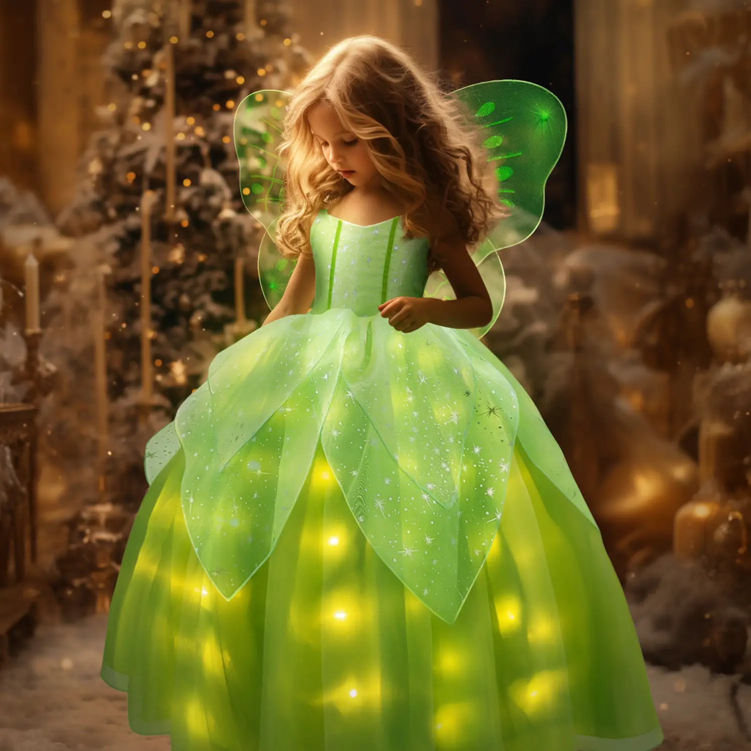 UPORPOR Light Up Girls Halloween Costume Fairy Dress & Wings Green Fairy Girls Costume Princess Ball Gown Kids