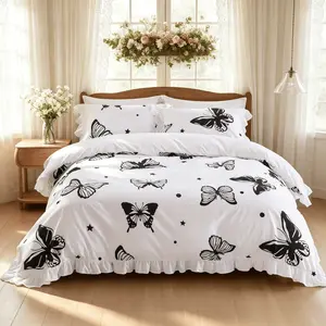 3-piece white Decorative Bedding Set with butterfly print, ruffled duvet cover and pillowcases, an essential for exquisite home decoration.