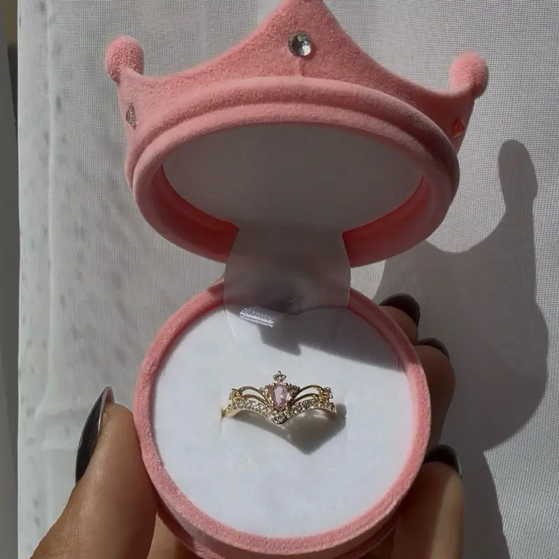 Princess Jewelry Box and Gold Plated Pink Crown Adjustable Ring Perfect for Promise Ring Quinceañera Sweet 16 Gift Tiara Ring Birthday Gift Anniversary Gift
