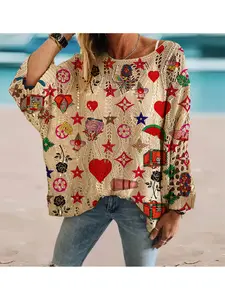 Geometric Print Long Sleeve Knit Top, Casual Elegant Vacation Style Knitted Sweater, Loose Batwing Shoulders, Spring Summer Fall Women's Clothing