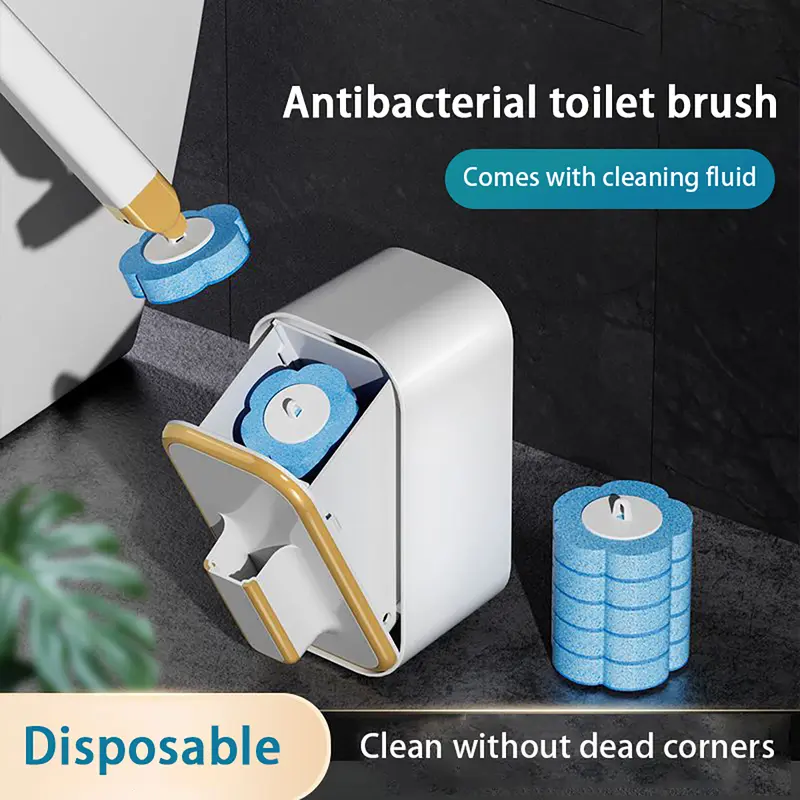 Wall-Mounted Long-Handle Disposable Toilet Brush Wand Set - Grey-Gold/White-Gold, 24/48/72pcs PP Sponge 3-Layers Anti-Fouling Heads, Sticky Hook, Holder, Daily Touch-Free Bathroom Cleaning System with Cleaning Fluid
