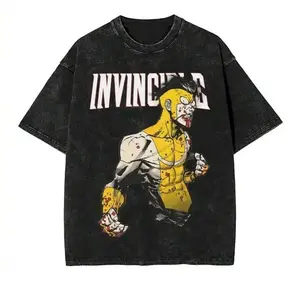 Retro Washed Black Oversized T-Shirt, Vintage Invincible Hero Graphic Print Tee, Casual Crew Neck Short Sleeve Top, Streetwear Unisex Loose Fit T-Shirt for Men & Women, Grunge Anime Aesthetic