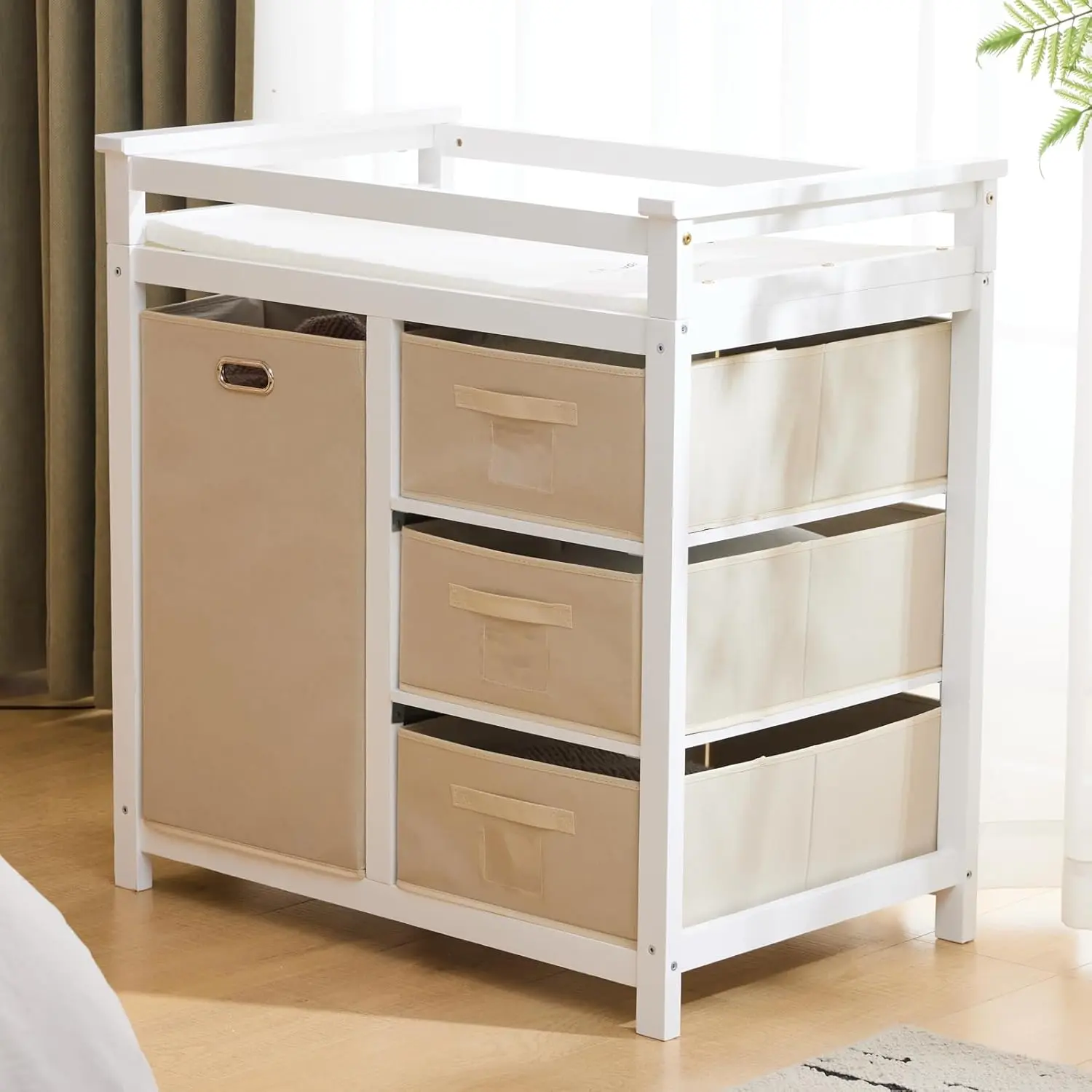 Modern Baby Changing Table,Dresser Baby Diaper Changing Station with Laundry Hamper,Infant Nursing Table with 3 Storage Drawers,Removable Safety Rail & Strap for Nursery
