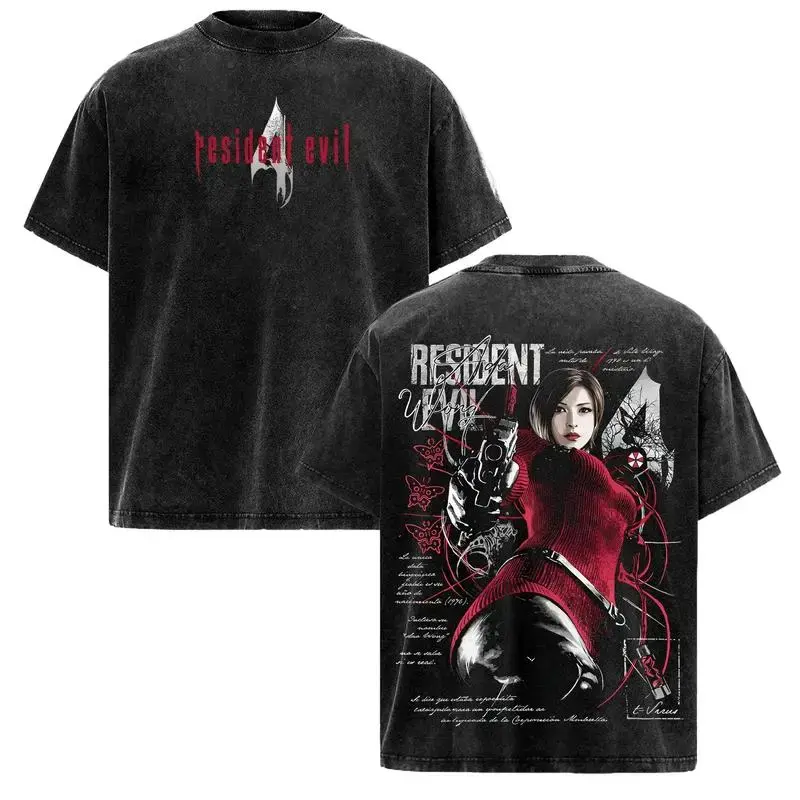 Resident Evil 4 Ada Wong Classic Gaming Graphic T Shirt Acid Wash Oversized Vintage Retro Heavyweight Cotton Tee Y2K Pump Cover Gym Apparel Survival Horror Streetwear Gamer Loose Fit Summer Top For Men And Women Alt Edgy Trendy Fits