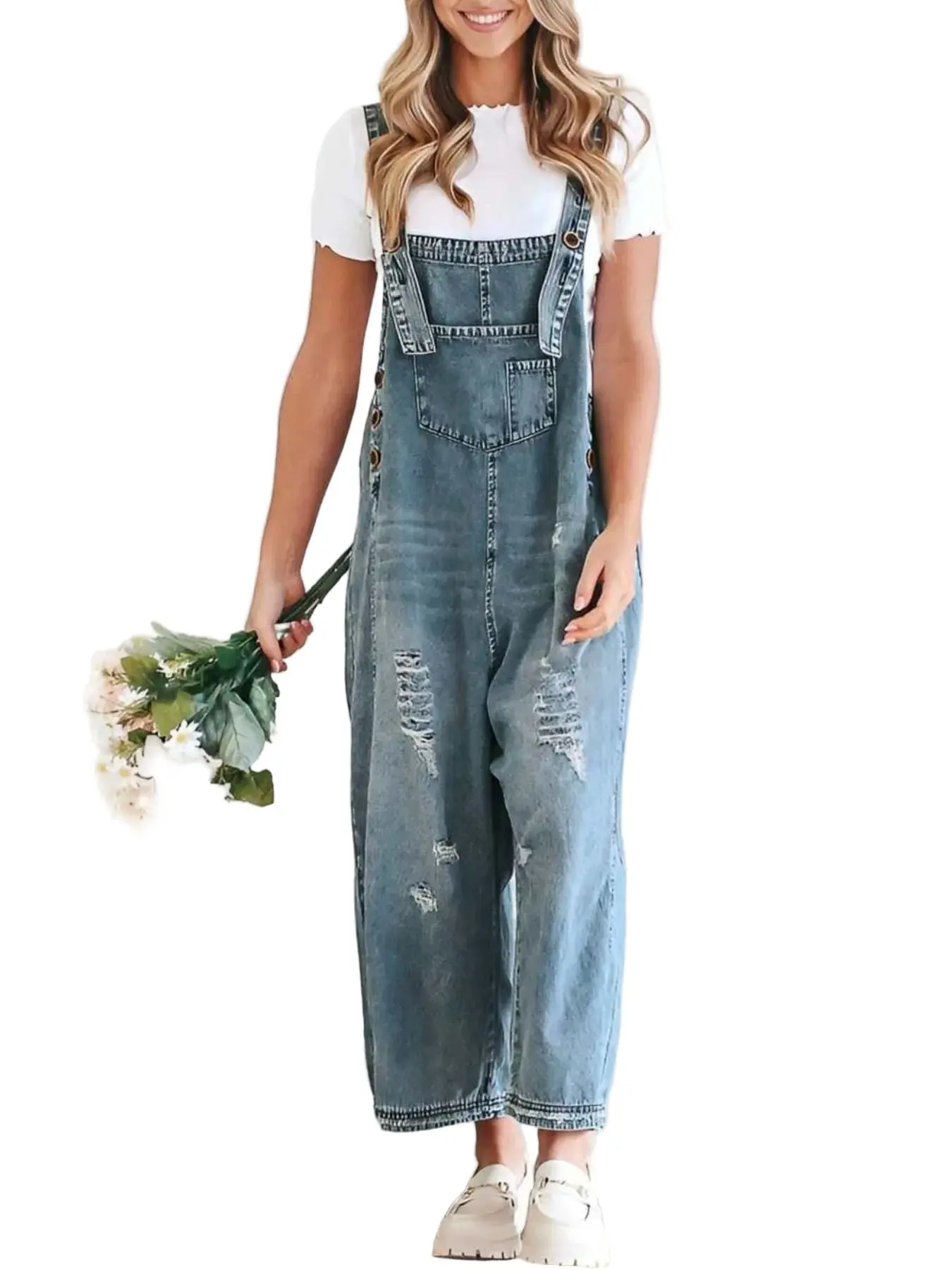 Distressed Wide Leg Denim Overalls