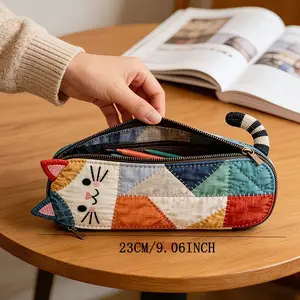 Cat Shape Patchwork Pencil Case, 3D Cat Contour Design, Portable Compact Size High Aesthetic Stationery Storage Bag Office Supplies for Student School & Office Use