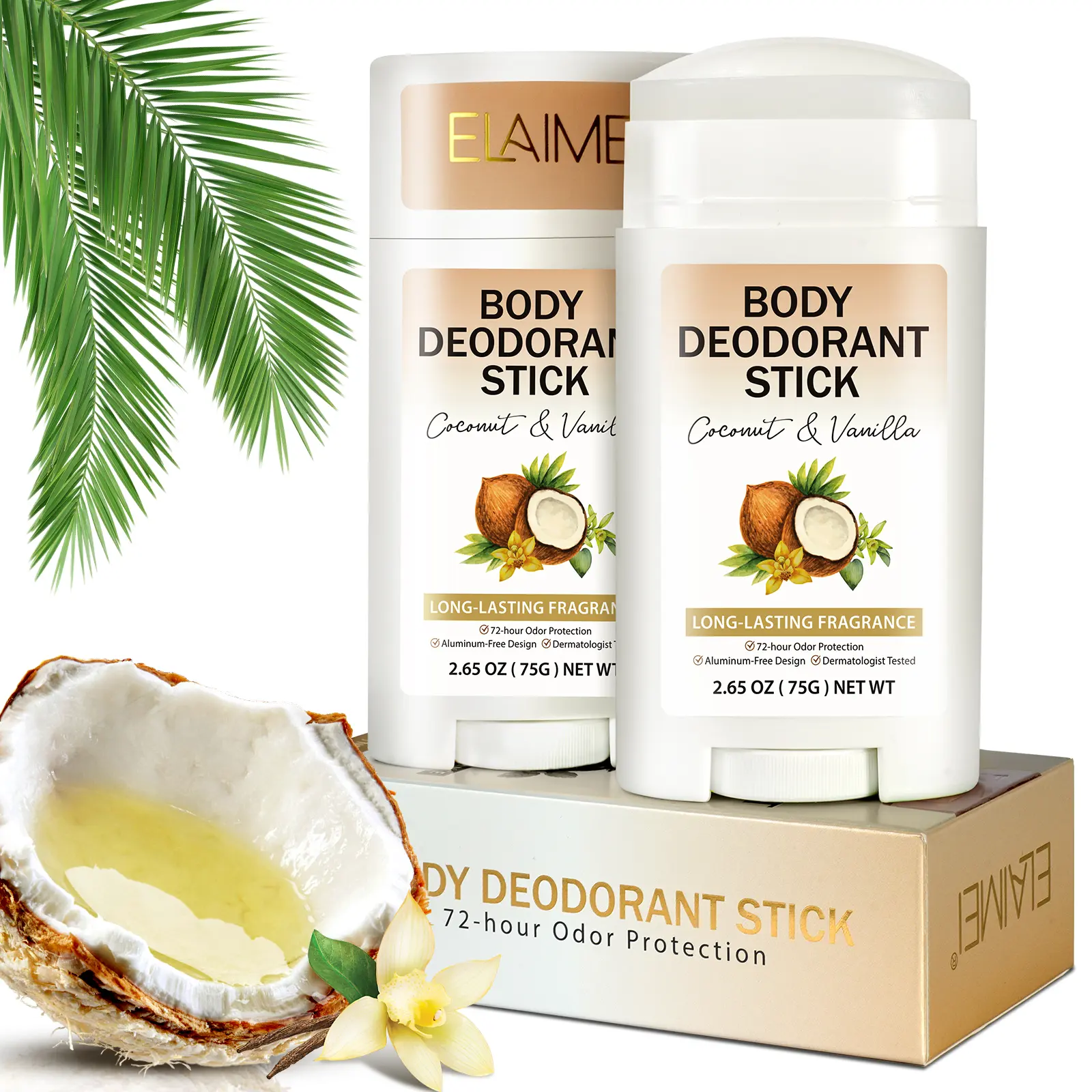 ELAIMEI Bodystick All Body Deodorant - Women's Alcohol-Free, Moisturizing, Sweat-Control, Stain-Free Odor Protection Body Care Product, Vanilla Scent, Summer Use, Female campingessentials, Aluminum Free