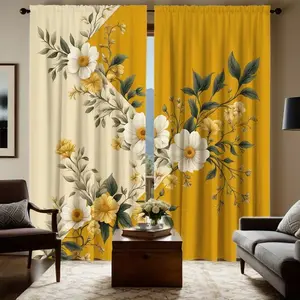 Luxurious Floral Semi-Transparent Curtains, Polyester Fabric, Boho Style Drapes for Living Room Bedroom Study