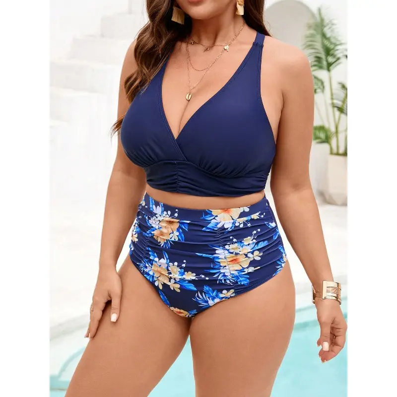 2026 New Plus Size Two Piece Bikini Set - Navy Blue Halter Top & High Waist Floral Bottoms