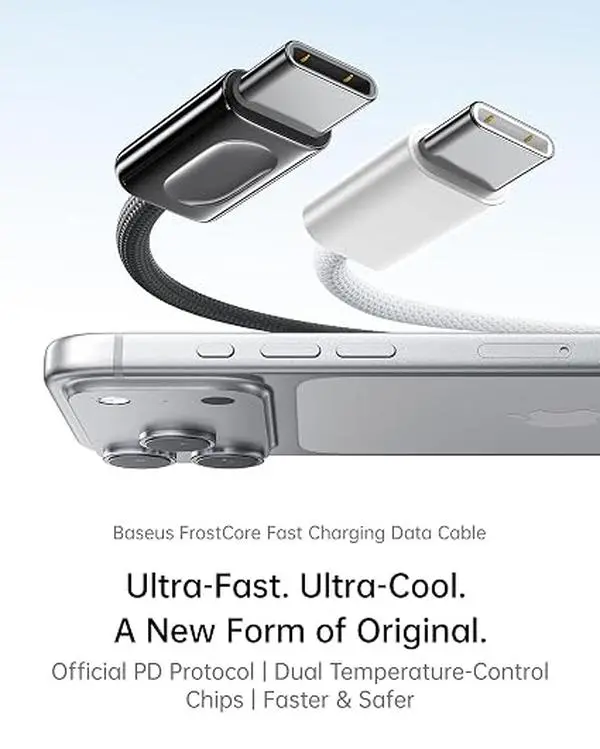 Baseus USB C to USB C Cable, 100W Smart Cooling Fast Charging Cord, Zinc Alloy Nylon Braided Type-C Cable for iPhone 17/16/15 Pro Max, MacBook Pro/Air, iPad, Samsung Galaxy S26/S25/S24 (3.9ft)