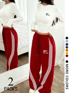 Women's Loose Fit Long Sleeve Top & High Waist Wide Leg Pants Set, Vintage Hip Hop Striped Geometric, Drawstring Adjustable, Casual Fall Winter Fashion