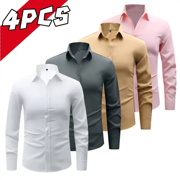 Men’s solid-color long-sleeve shirt set of four, featuring two formal styles with a notched lapel and single-breasted design. Smooth, skin-friendly, and easy to care for—a versatile top for office wear and commuting.