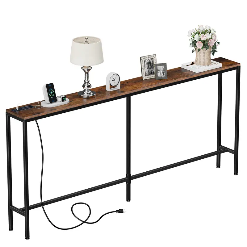 Zenstyle 70-in Wood Narrow Console Table Retro Behind Couch Sofa Table with Charging Station for Living Room, Entryway Rustic Brown