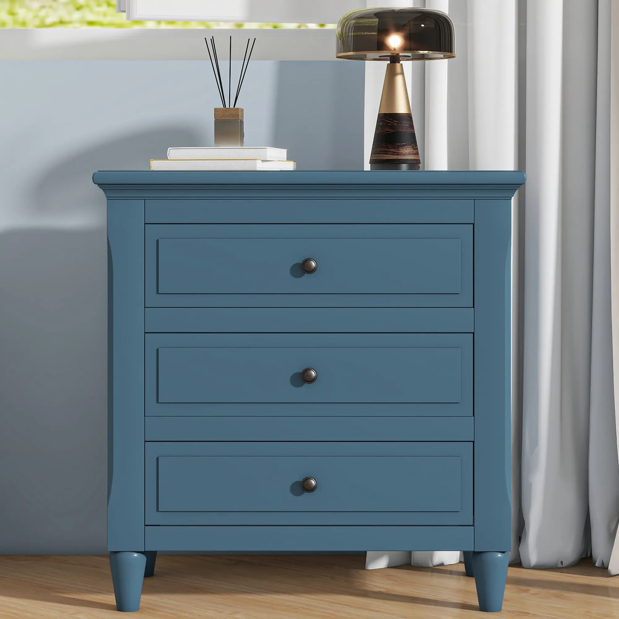28'' Pine Wood Nightstand with 3 Drawers Smooth Gliding Rails Bedside Cabinet Metal Handle Minimalist Sofa Side Table Rubber Legs for Bedroom Living Room Couch Office, Bedroom Bedside Table for Bedroom, Guest Room, Dorm, Nightstand Storage