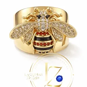Gold Tone Bee Ring with Rhinestones and Red Gems for Women's Fashion Jewelry