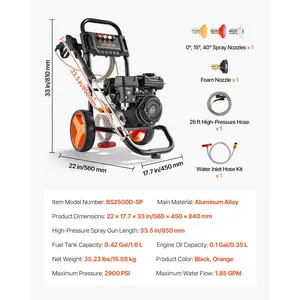 VEVOR Gas Pressure Washer 2900 PSI and 1.85 Max GPM, Upgrade Aluminum Pump with Spray Gun and Wand, 4 Nozzle Set, Gas Powered Pressure Washer for Cars, Fences, Driveways, Homes, Patios, Furniture