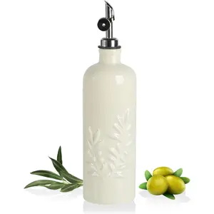 18 Oz Oil Dispenser for Kitchen with Gravity Spout, Ceramic Olive Oil Dispenser Bottle,  Opaque Vinegar Container for Evoo, Vinegar, Soy Sauce, Pack of 1(Beige,  Spout)
