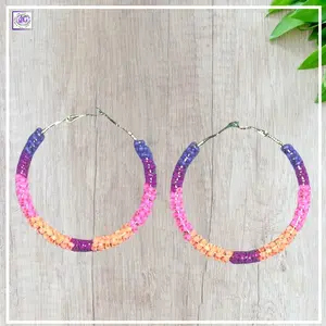 Luminous Neon Beaded Hoop Earrings, Colorful and Sparkly Earrings, Handmade Jewelry (2")