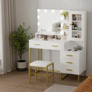 White 43" Makeup Vanity Desk with Mirror and Lights LED Lighted Mirror with 10 Bulbs Vanity Set with Stool Drawers Shelves and Charging Station Dressing Table with Chair for Bedroom
