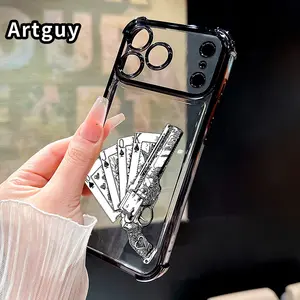 Compatible with iPhone 17 Pro Max 16 15 Plus Air 14 13 12 11 E Case Guns and Playing - Cards Pattern Four Corner Drop Resistant Electroplated Transparent TPU Soft Trendy Cover
