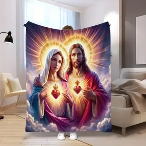 Jesus & Virgin Mary Print Flannel Blanket - Soft 280GSM All-Season Cozy Throw for Home Decor, Office & Camping, Machine Washable Contemporary Gift