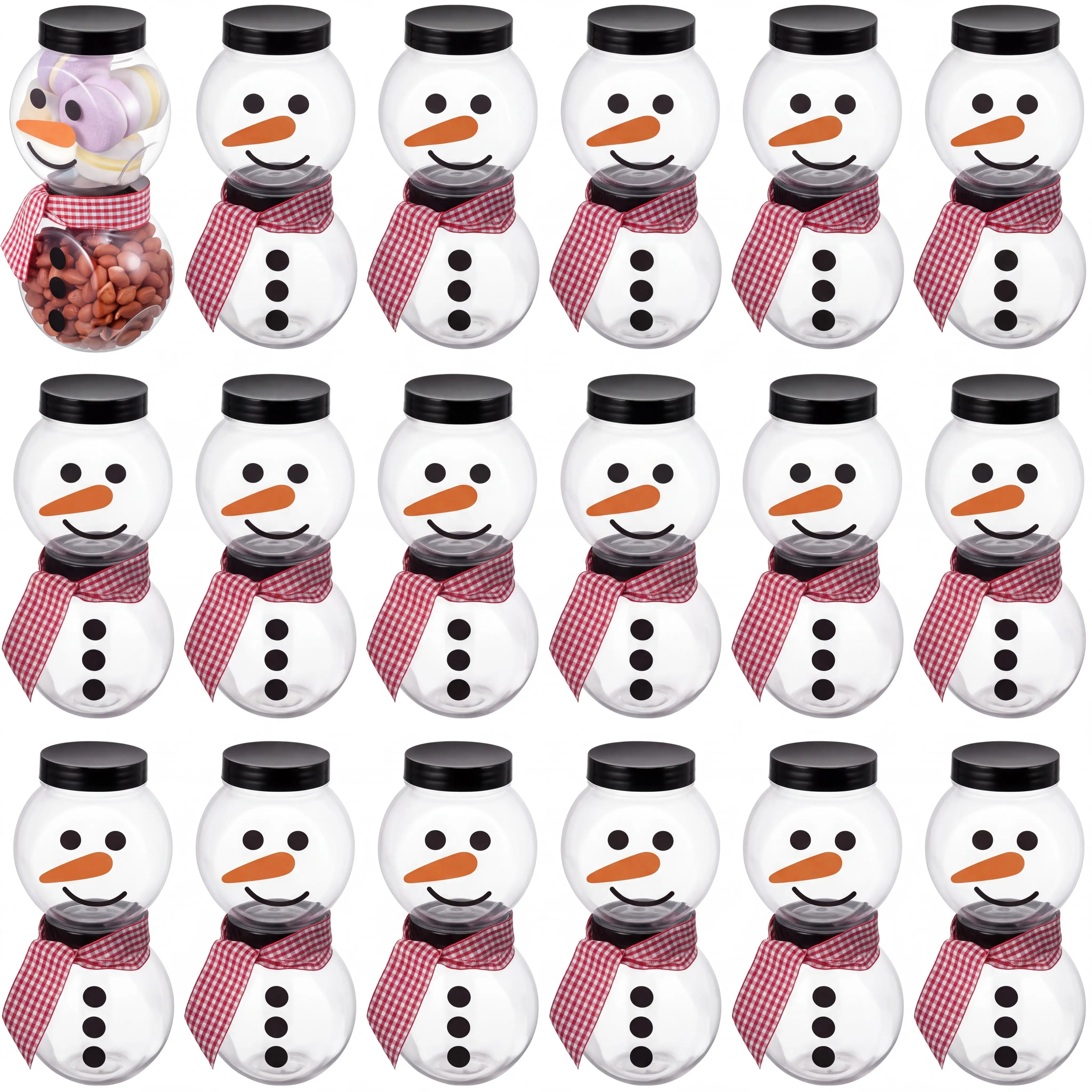 12/36Pcs Plastic Candy Jars for Christmas Party Favors Snowman Christmas Candy Jars with Lids Clear Xmas Cookie Jar Container Chocolate Storage Jar with Stickers, Ribbon for Marshmallow Gift